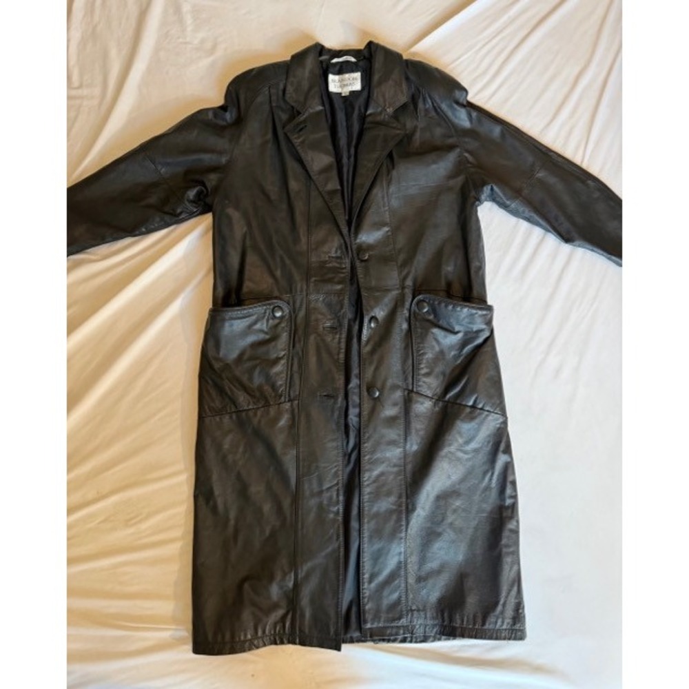 Brandon Thomas Mens Black Leather Trench Coat Long Duster Jacket Large